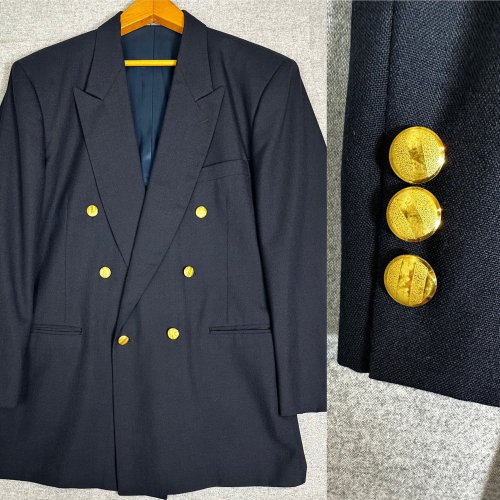 Vintage Stanley Blacker Blazer Mens 42R Navy Double Breasted Gold Button Peak